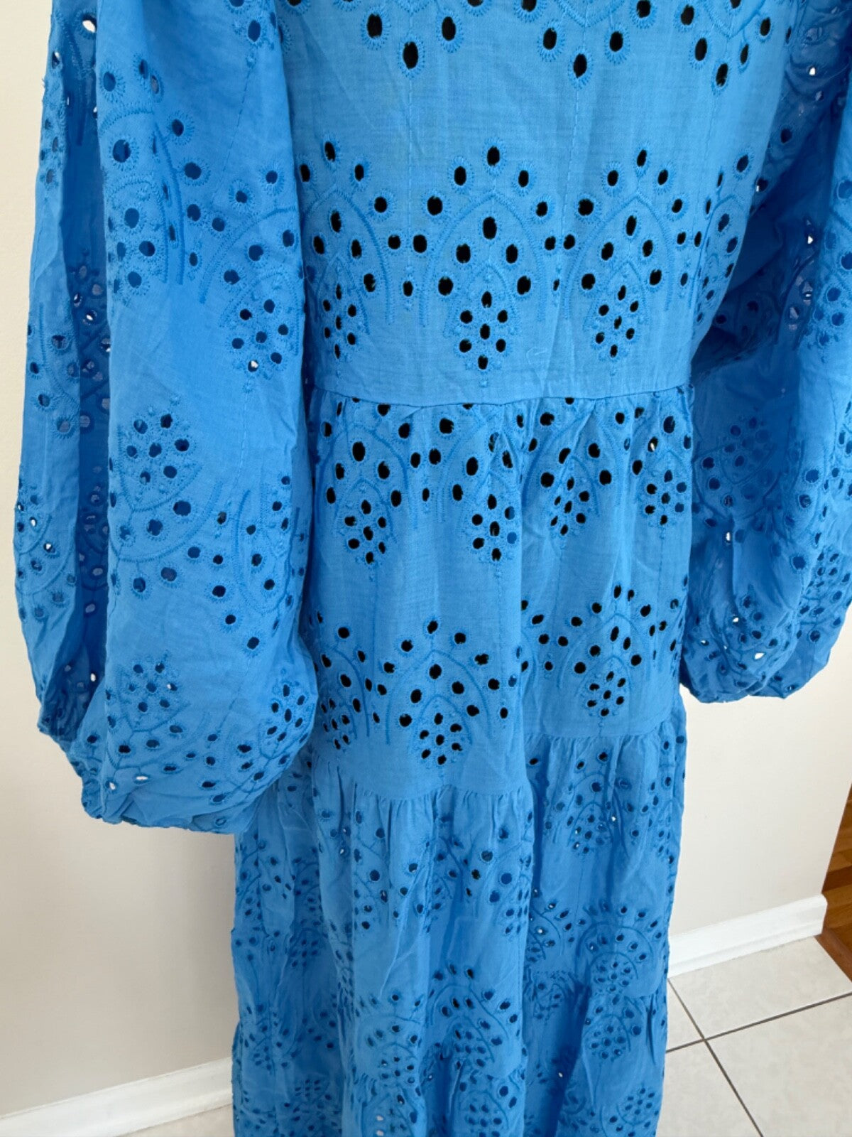 Embroidered Blue Maxi Dress – Boho Style, Puff Sleeves, Tiered Tunic