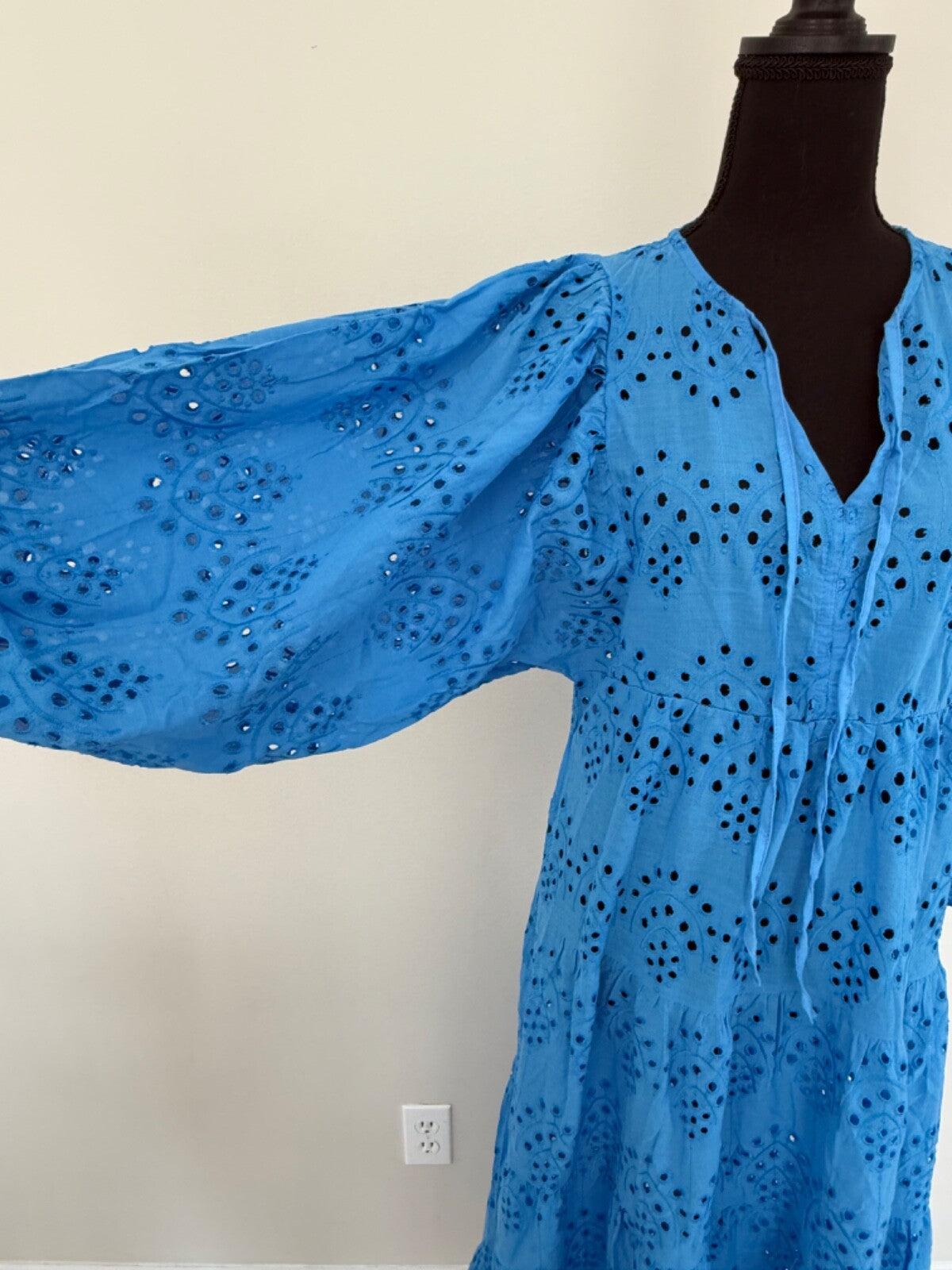 Embroidered Blue Maxi Dress – Boho Style, Puff Sleeves, Tiered Tunic