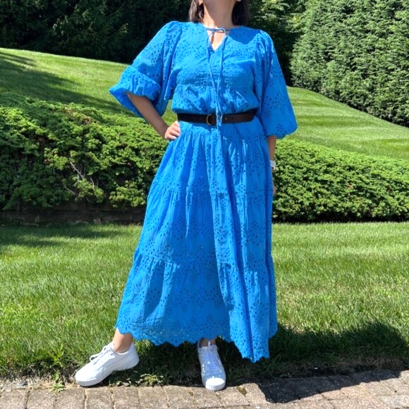Embroidered Blue Maxi Dress – Boho Style, Puff Sleeves, Tiered Tunic