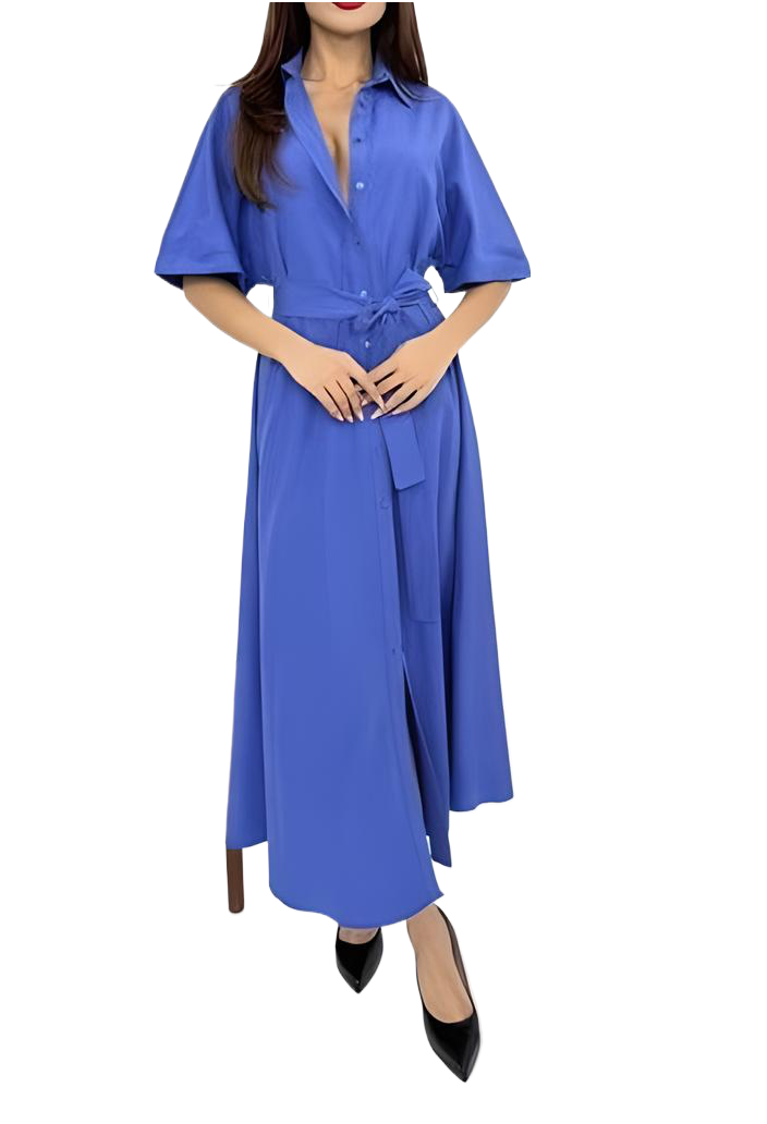 Elegant Women's Shirt Dress Purple-Blue, Cotton Blended