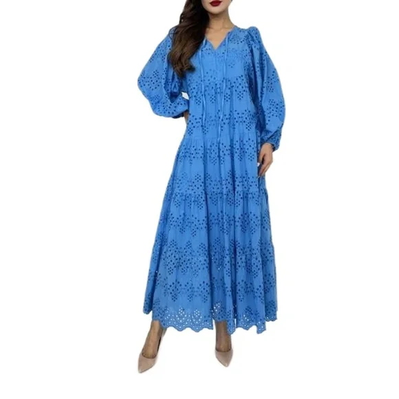 Embroidered Blue Maxi Dress – Boho Style, Puff Sleeves, Tiered Tunic