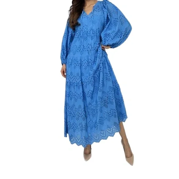 Embroidered Blue Maxi Dress – Boho Style, Puff Sleeves, Tiered Tunic
