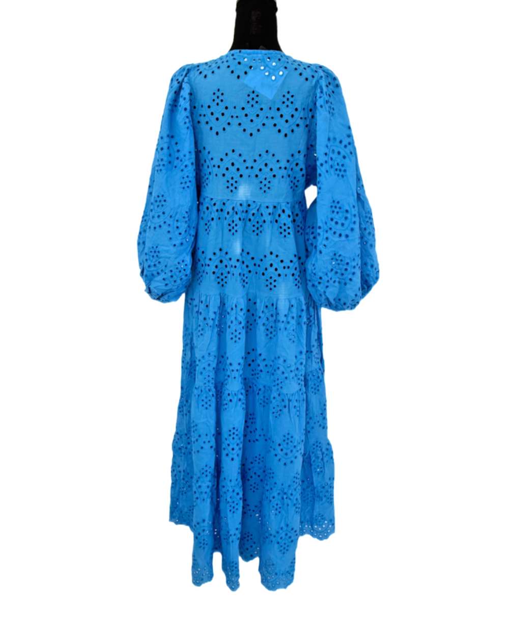 Embroidered Blue Maxi Dress – Boho Style, Puff Sleeves, Tiered Tunic