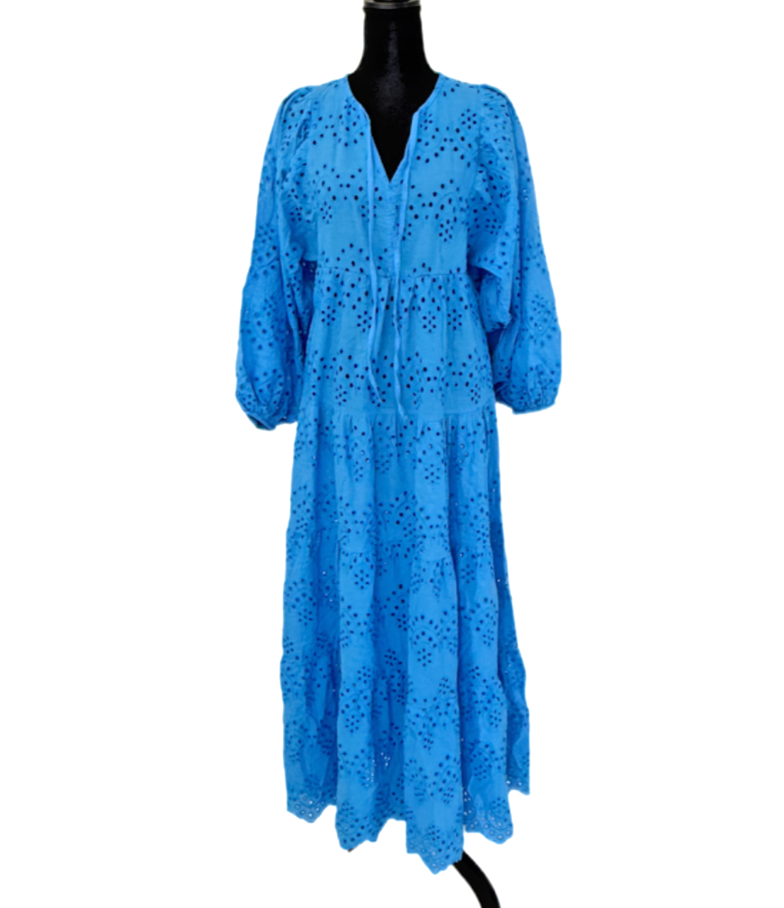 Embroidered Blue Maxi Dress – Boho Style, Puff Sleeves, Tiered Tunic