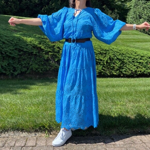 Embroidered Blue Maxi Dress – Boho Style, Puff Sleeves, Tiered Tunic